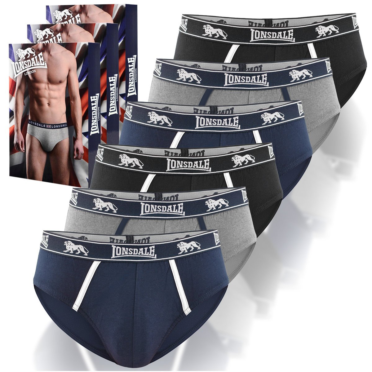 LONSDALE Slipy Męskie 6 sztuk Bawełna NAVY BLACK GREY Rozmiar M