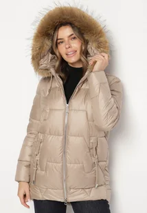 Ciemnobeżowa Pikowana Kurtka z Kapturem z Odpinanym Futerkiem Galiara - Kurtki damskie - miniaturka - grafika 1