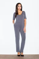 Kombinezony - Wygodny KOMBINEZON z głębokim dekoltem PROSTE NOGAWKI szary S - miniaturka - grafika 1