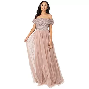 Maya Deluxe Damska sukienka Bardot dla kobiet maxi zdobiona wysoka talia imperium, bez rękawów, tiul na wesele, studniówkę z okazji ukończenia szkoły, Szarobrązowy róż, 40 - Sukienki - miniaturka - grafika 1