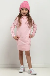 Sukienka z golfikiem i kieszeniami dla dziewczynki, MMD37, jasnoróżowa - Sukienki i spódniczki dla dziewczynek - miniaturka - grafika 1