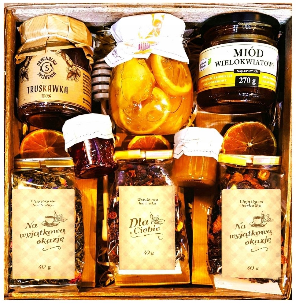 Duży Kosz Prezentowy Upominek Miód Herbata Cytryna Konfitury