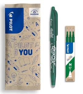 PILOT Frixion Ball + 1 x zestaw 3 wkładów - pióro wymazywalne atramentem termoczułym - długopis kulkowy z tworzywa sztucznego pochodzącego z recyklingu - zielony - średnia końcówka - Długopisy - miniaturka - grafika 1