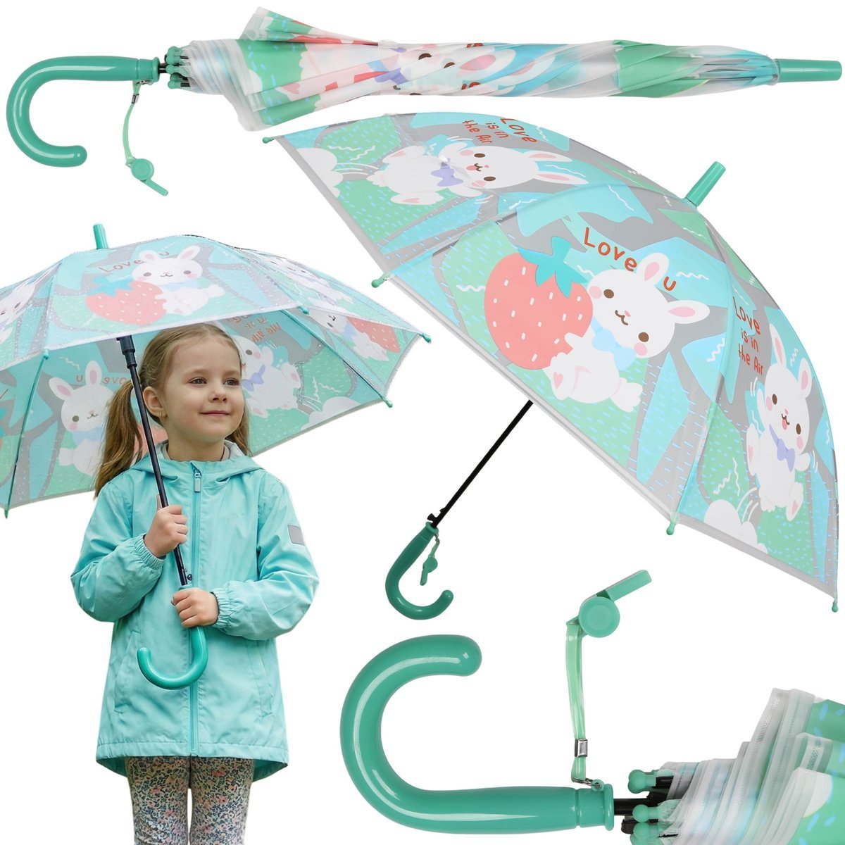 AUTOMATYCZNA Parasolka przeciwdeszczowa dla dzieci, KRÓLICZEK, SKŁADANY parasol Z GWIZDKIEM 83cm