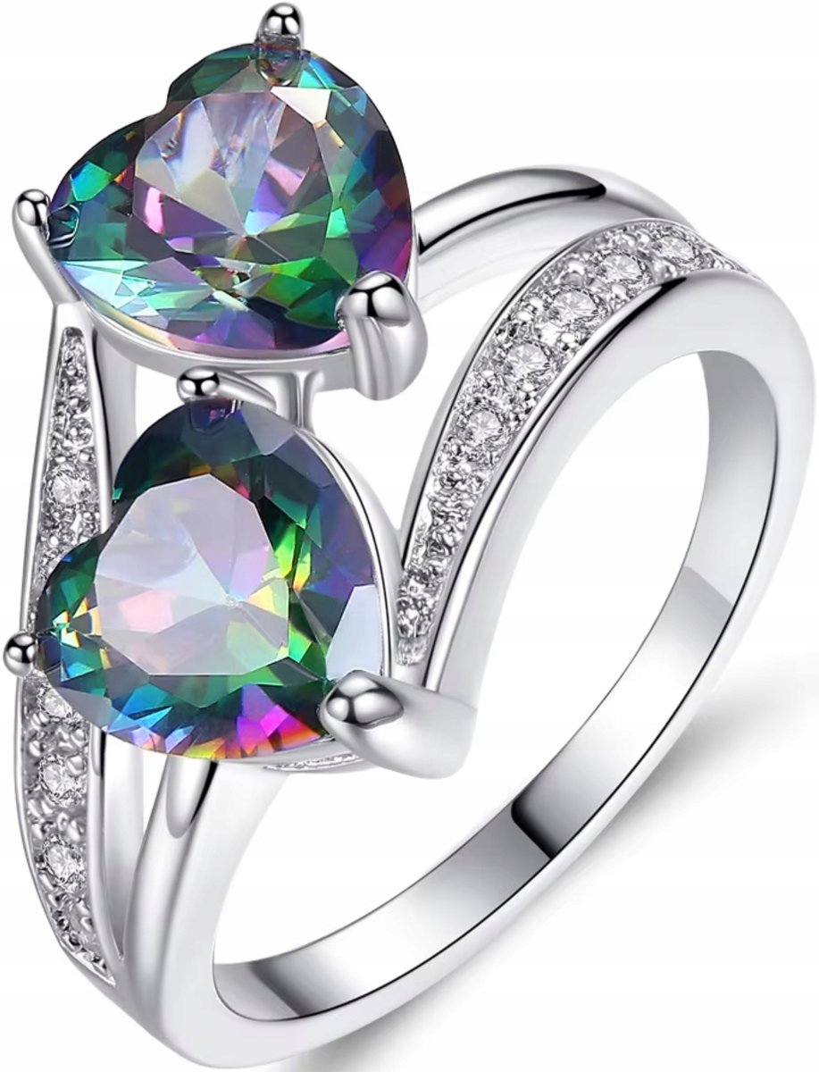 Srebrny Pierścionek Kamienie w Kształcie Serc Stylowy Modny Stal Szlachetna