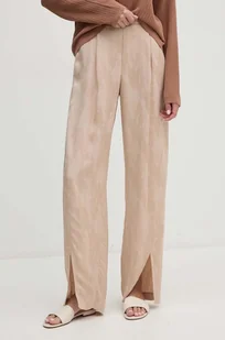 Sisley spodnie z domieszką lnu kolor beżowy szerokie high waist 43MELF05I - Spodnie damskie - miniaturka - grafika 1
