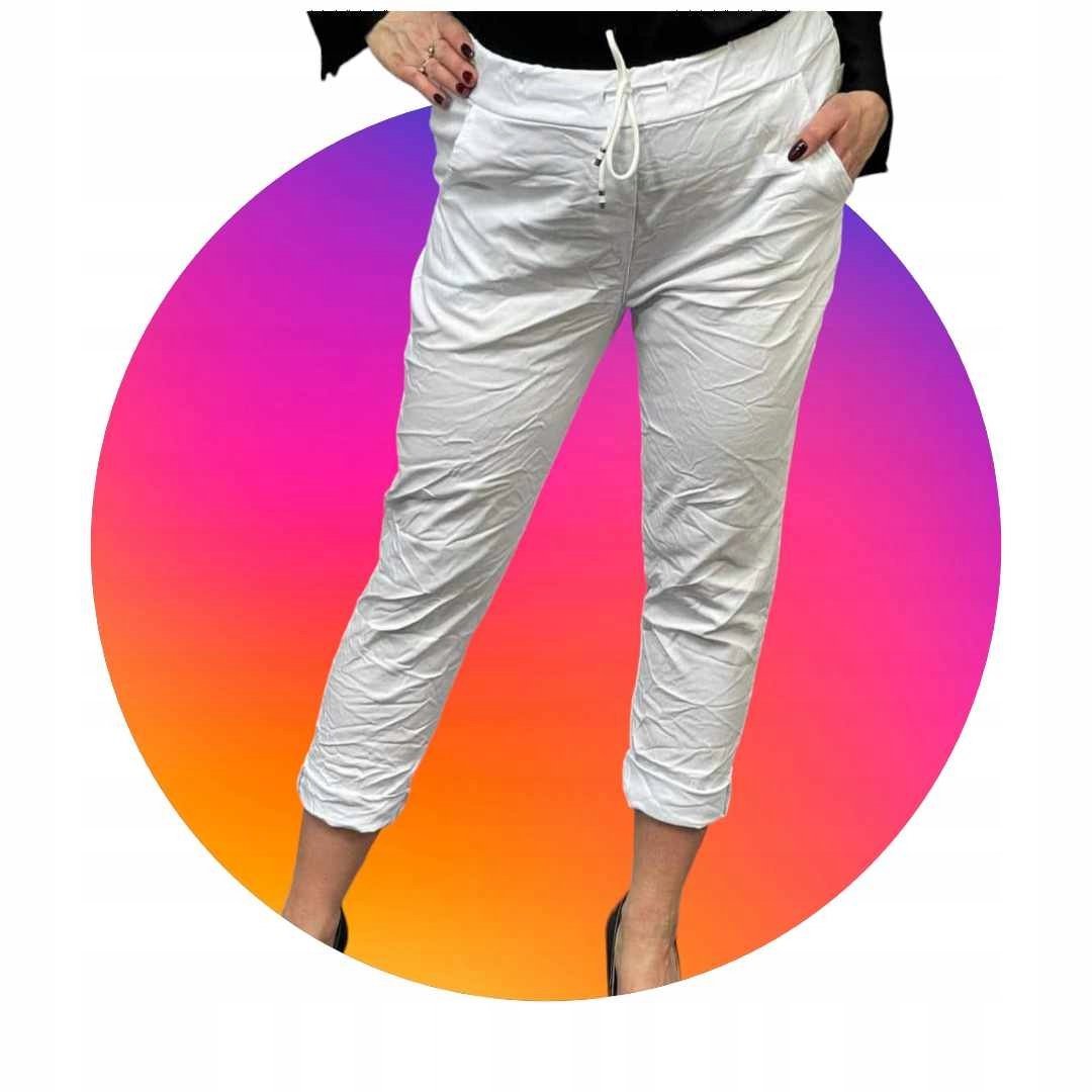 Spodnie gnieciuchy lycra gumy wysoki stan kieszenie białe vv 38 40 M L