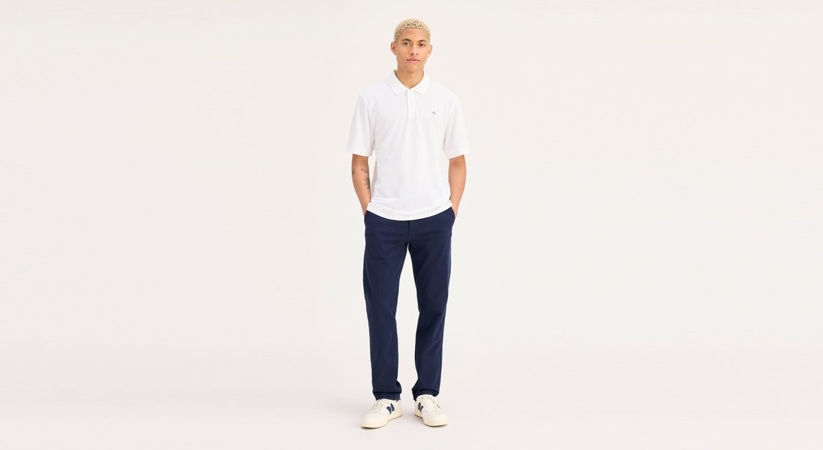 DOCKERS GRANATOWE SPODNIE CHINOS Z GUZIKIEM I LOGO NA KIESZENI 36/36 17BA