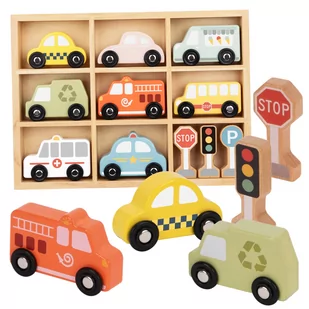 TOOKY TOY Zestaw Drewnaych Pojazdów i Znaków Drogowych w Pudełku - Samochody i pojazdy dla dzieci - miniaturka - grafika 1