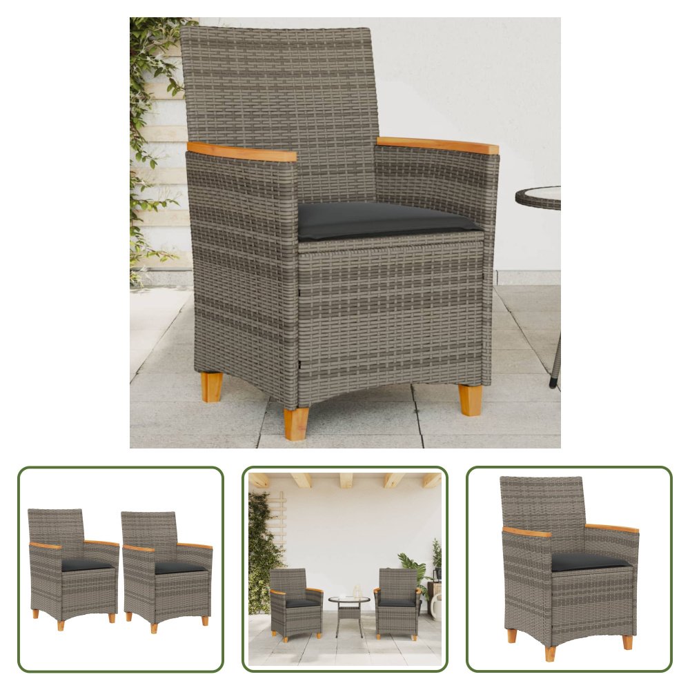 The Living Store Krzesła ogrodowe z poduszką 2 szt. Szary polirattan lite drewno