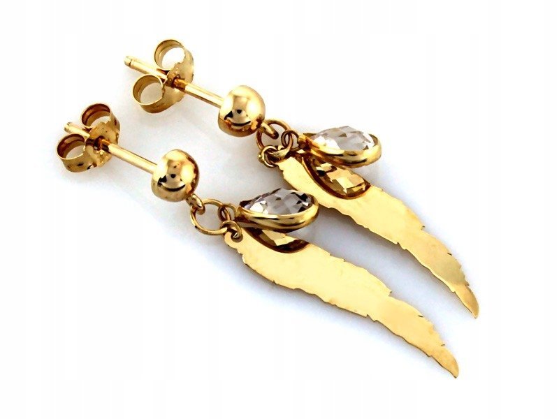 Złote wiszące kolczyki 585 pióra i kropelka z cyrkonii zapięcie sztyft 14kt