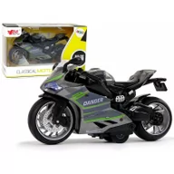 Samochody i pojazdy dla dzieci - Motocykl Sportowy Szary Zielony Pasy 1:12 Napęd Pull-Back Dźwięk Światła - miniaturka - grafika 1