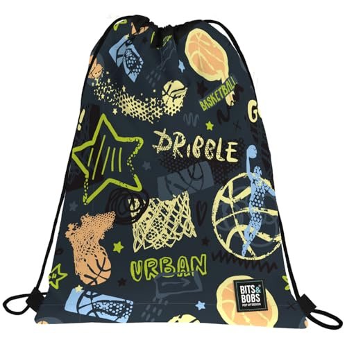 Grafoplás - Plecak ze sznurkami, 36 x 47 cm, zewnętrzna kieszeń z zamkami błyskawicznymi, Streetball, Bits&Bobs Pop Up Design, idealny do dodatków, niebieski, 36 x 47 cm, szkolny, Niebieski, 36x47cm