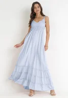Sukienki - Niebieska Sukienka Maxi na Ramiączkach z Koronkowymi Wstawkami i Falbankami Lemera - miniaturka - grafika 1
