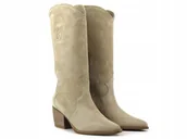 Kozaki damskie - Carinii B9065-O17 kozaki kowbojki beżowe klocek r.38 - miniaturka - grafika 1