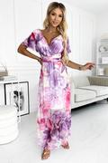 Sukienki - Zmysłowa Sukienka z dekoltem, długim wiązaniem w pasie i krótkim rękawkiem - fioletowo-różowe DUŻE KWIATY - siatka - miniaturka - grafika 1