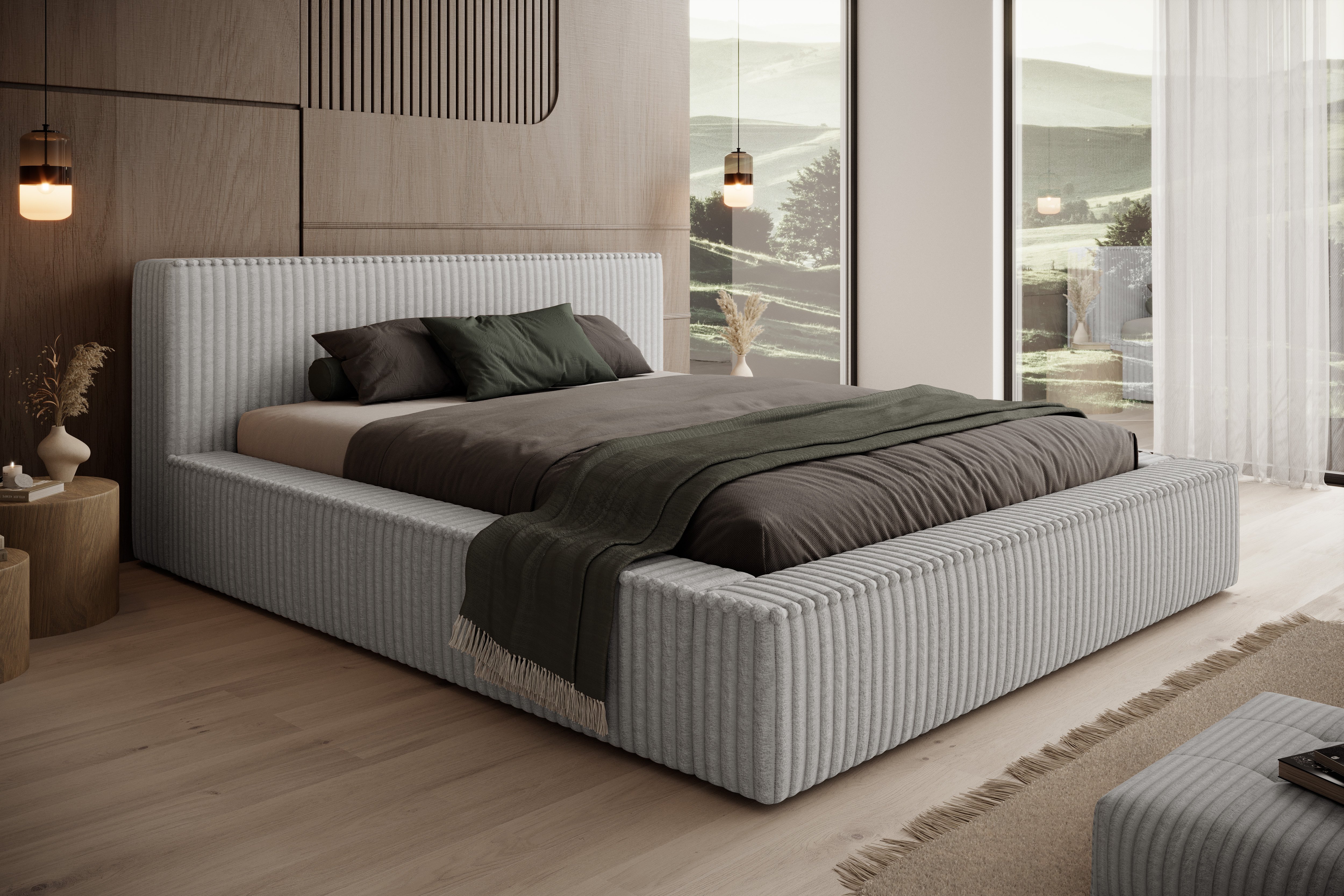 Besilio Möbel - Łóżko podwójne 200x200 Mozna - podstawa łóżka, szerokie ściany boczne, gruba tapicerka. - Grey & Tilia 86