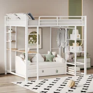 Łóżka dla dzieci i młodzieży - Łóżko antresola 90x200cm z metalu - ze stolikiem i półkami - Biały - miniaturka - grafika 1