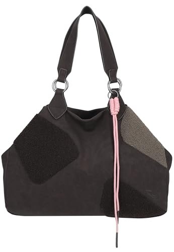 Fritzi Izzy Medium Limited Happy Flocked Shopper torebka damska ze sztucznej skóry, festiwal, miasto, wegańskie detale flokowe, zawieszka ze sznurkiem, 29 x 42 x 15 cm, brązowa, różowa – zielona