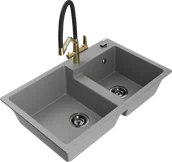 Zlewozmywaki z baterią - Mexen Tomas zlewozmywak granitowy 2-komorowy z baterią kuchenną Duo, szary - 6516-71-671701-57-B - miniaturka - grafika 1