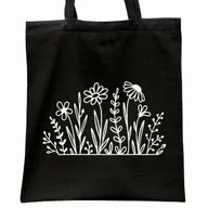 Torby i wózki na zakupy - Torba bawełniana czarna na zakupy Kwiatki Minimalizm - miniaturka - grafika 1