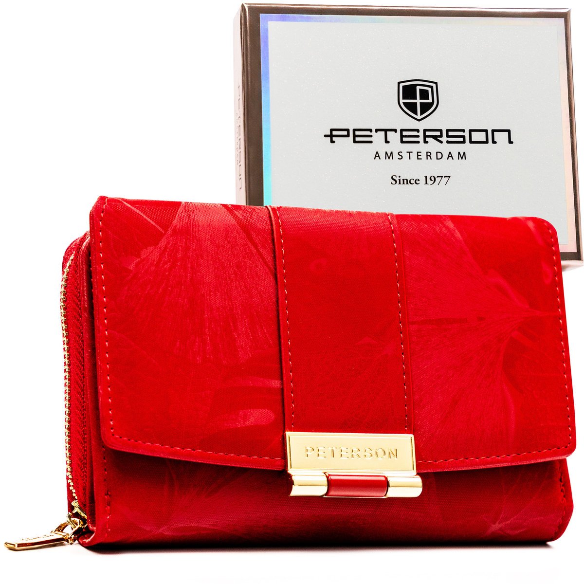 Portfel damski na karty PETERSON mały ochrona RFID portmonetka na zatrzask i suwak elegancki czerwony