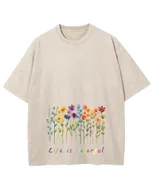 Koszulki i topy damskie - Damska koszulka oversize efekt sprania Kolorowe Kwiaty Wiosna Beżowa M - miniaturka - grafika 1