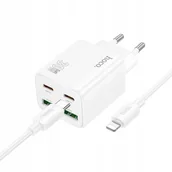 Ładowarki do telefonów - Ładowarka sieciowa do telefonu Hoco 2 x USB C + 2 x USB A QC3.0 PD 3A 30W + kabel USB C do Lightning N56 biała - miniaturka - grafika 1