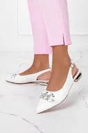 Baleriny - Białe baleriny Casu z odkrytą piętą ze srebrnym łańcuchem na niskim ozdobnym obcasie skórzana wkładka ER22X5-W-37 - miniaturka - grafika 1