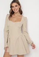 Sukienki - Beżowa Koktajlowa Sukienka o Rozkloszowanym Kroju z Falbankami i Gorsetem Farian - miniaturka - grafika 1