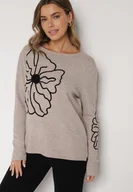 Swetry damskie - Beżowy Sweter Ozdobiony Haftowanymi Kwiatami Halatusea - miniaturka - grafika 1