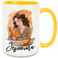 Kubki - KUBEK XXL 450 ML BIAŁY UCHO WNĘTRZE ŻÓŁTE PREZENT DLA JESIENIARY CERMIKA WZ - miniaturka - grafika 1