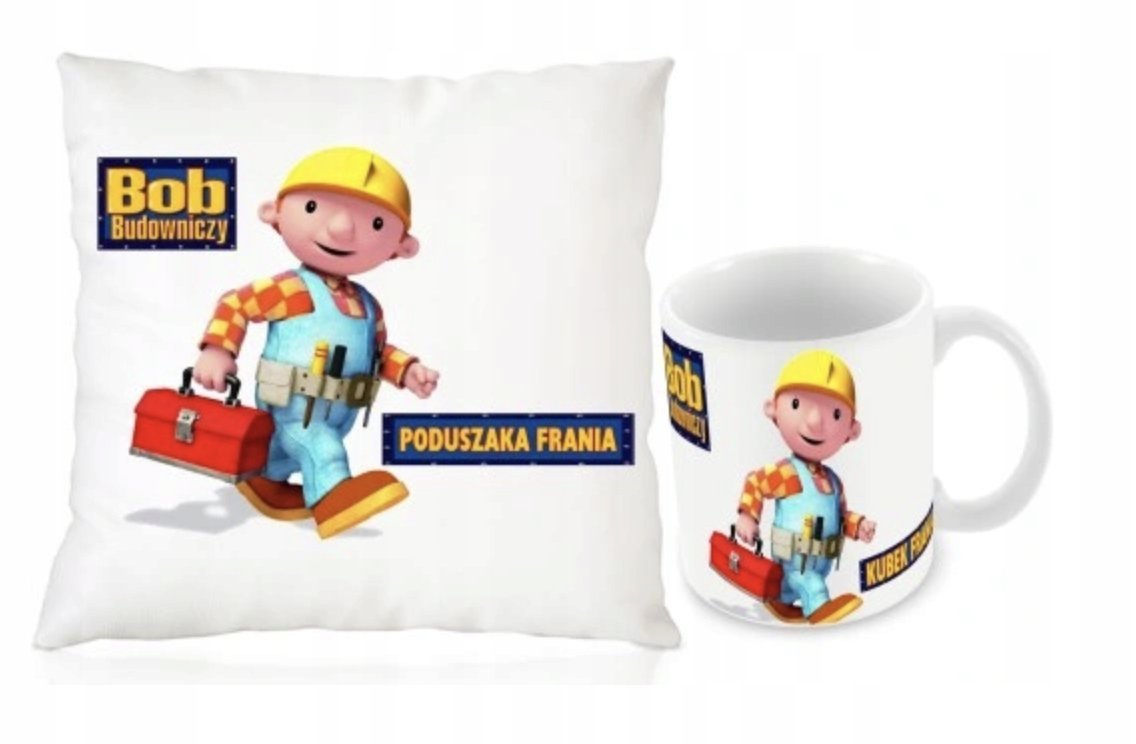 ZESTAW PODUSZKA + KUBEK Prezent BOB BUDOWNICZY Budowlanka + IMIĘ 2