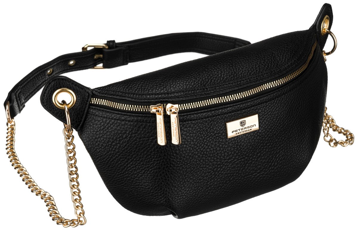 Nerka damska z ozdobnym łańcuszkiem PETERSON mała saszetka nerka listonoszka miejska skóra ekologiczna złote okucia modna czarna