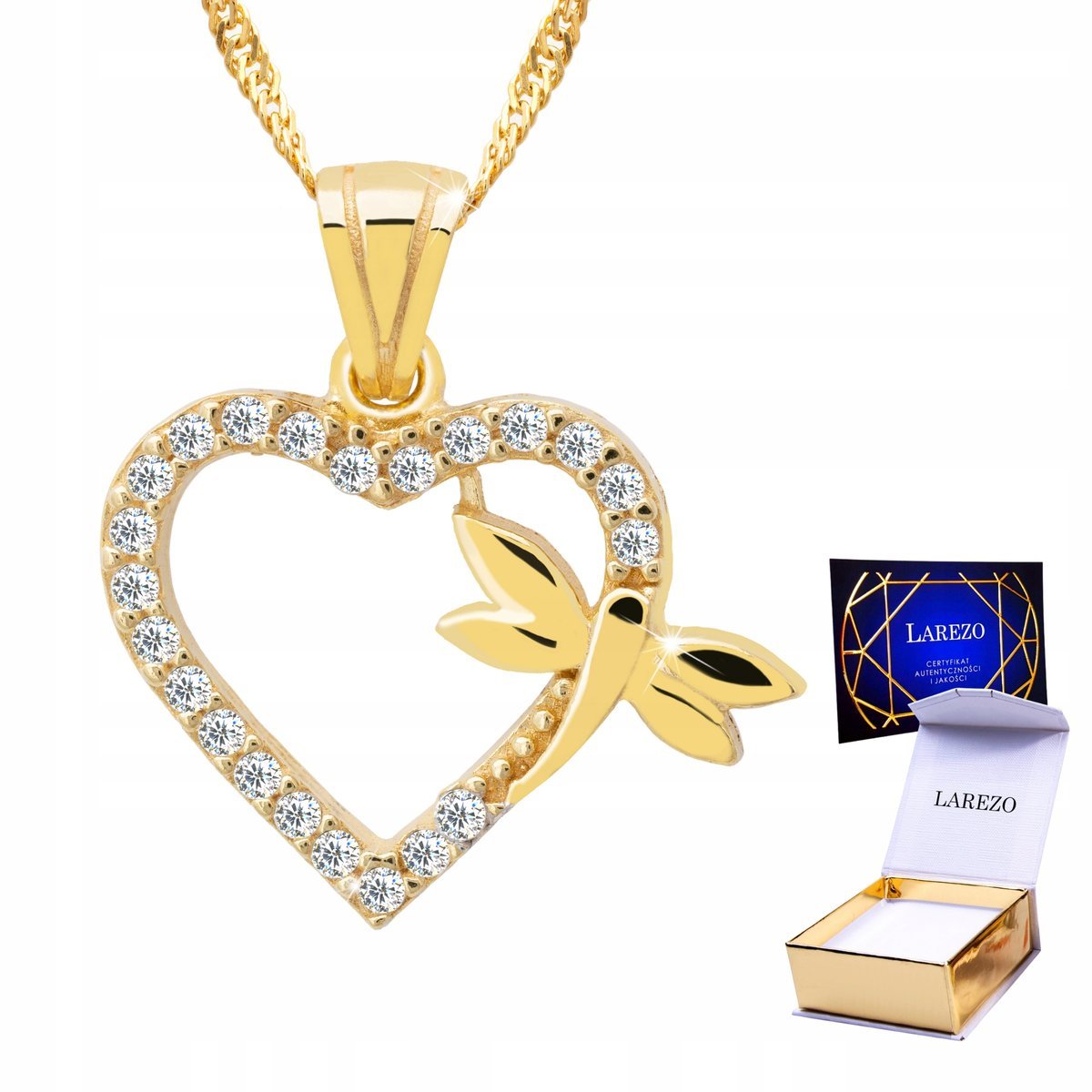 Długi Złoty Naszyjnik 925 Serce z Ważką Cyrkoniami Serduszko Cyrkonie
