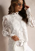 Bluzki damskie - Biała Ażurowa Bluzka z Bufiastymi Rękawami i Stójką Kosalie - miniaturka - grafika 1