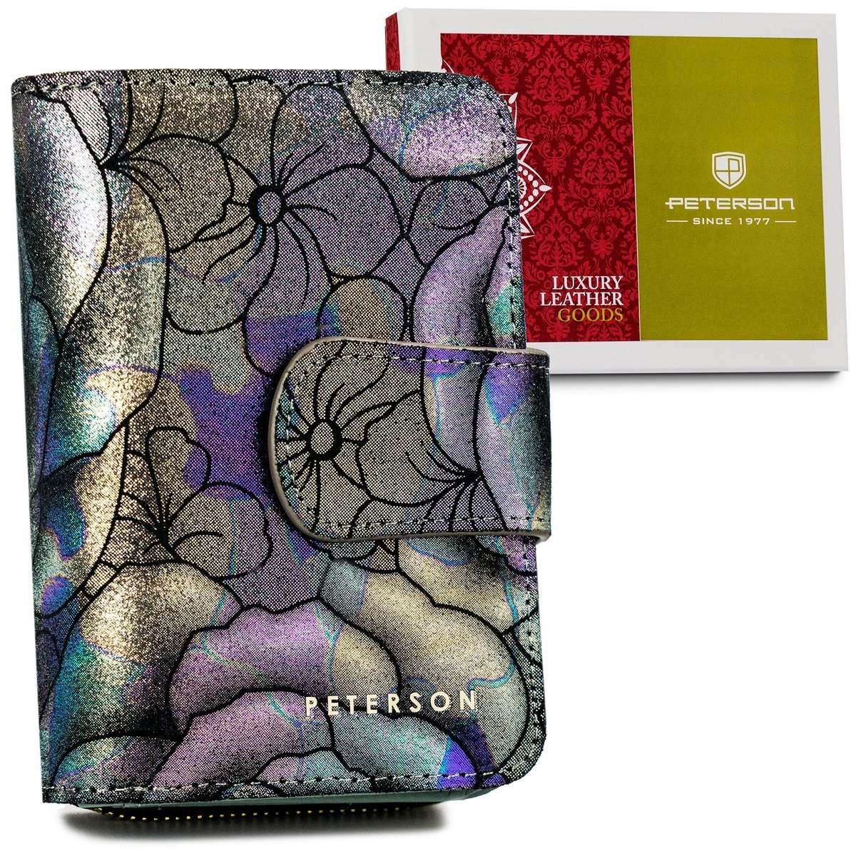 Skórzany portfel damski pionowy z kwiecistym wzorem PETERSON