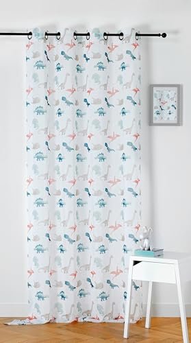 LINDER Zasłona z motywem dinozaurów dla dzieci - tkana i barwiona we Francji - styl jurajski - kolory ecru, niebieski i terakota - oczka lufy karabinowej - 150 x 240 cm - 100% poliester - Kolekcja