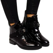 Botki damskie - Botki damskie ocieplane lakierowane z kokardką czarne S.Barski - miniaturka - grafika 1