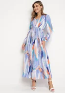 Sukienki - Niebieska Sukienka Maxi z Gumką w Pasie w Abstrakcyjny Wzór Taniera - miniaturka - grafika 1