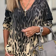 Swetry damskie - TEMU Sweter Damski Lekki z Dekoltem w Serek - Wzór Leopard i Kwiatowy, Długi Rękaw, Pulower na Codzień i Na Wyjścia - Odzież Przejściowa na - miniaturka - grafika 1