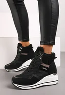 Botki damskie - Czarne Streetwearowe Botki na Koturnie z Metalicznymi Wstawkami i Futerkiem Beloraine - miniaturka - grafika 1