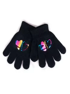Rękawiczki Dziewczęce Pięciopalczaste Czarne Z Hologramem Sercami 10 Cm Yoclub - Rękawiczki dla dzieci - miniaturka - grafika 1