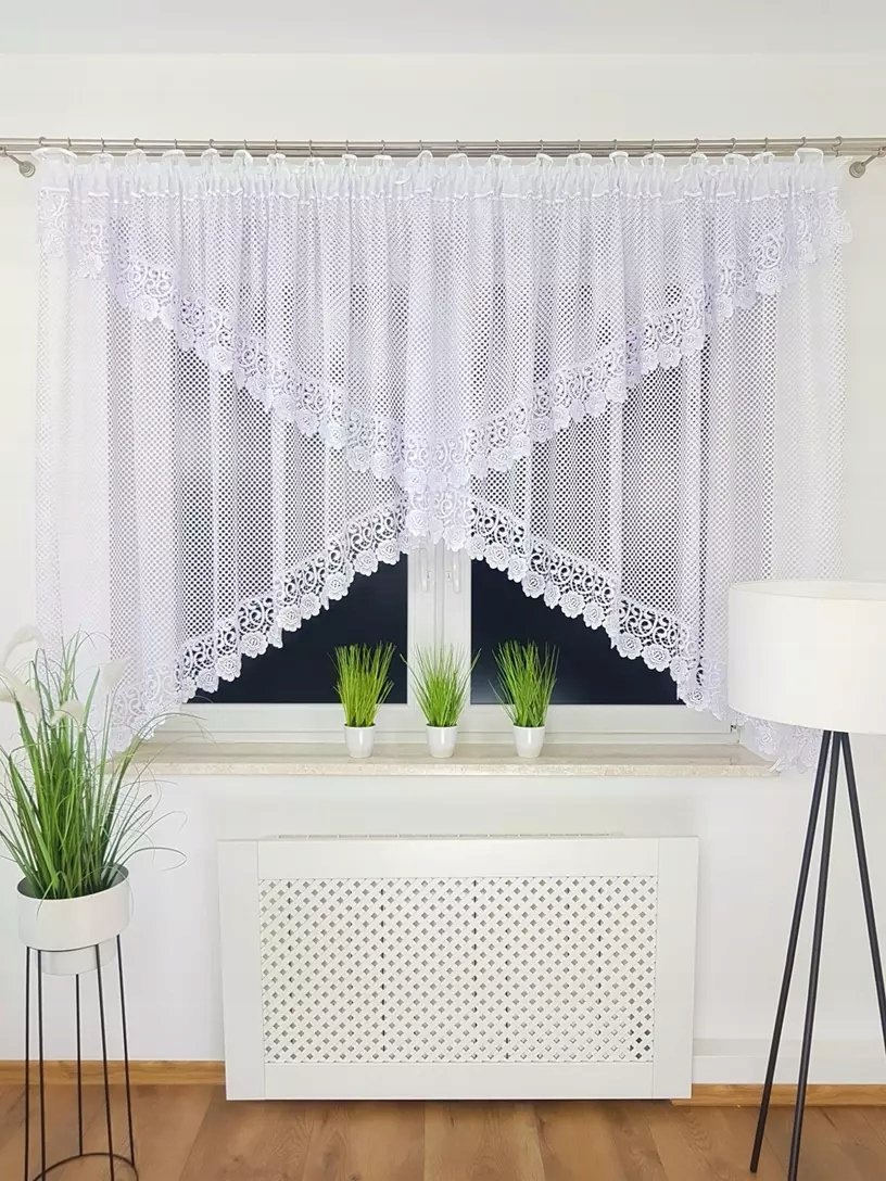 DWUWARSTWOWA FIRANA Z SIATECZKI I GIPIURY FIRANKI DO SALONU BIAŁE NA TAŚMIE