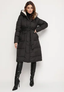 Czarna Pikowana Kurtka o Długim Kroju z Kapturem i Wiązanym Paskiem Neandira - Kurtki damskie - miniaturka - grafika 1
