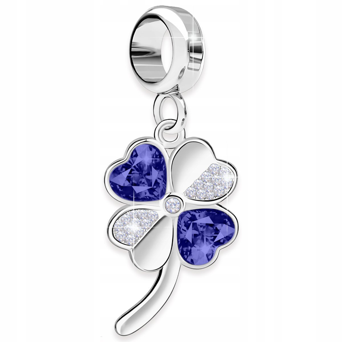 Charms Srebrny Koniczyna Niebieskie Serca z Białymi Cyrkoniami SREBRO 925