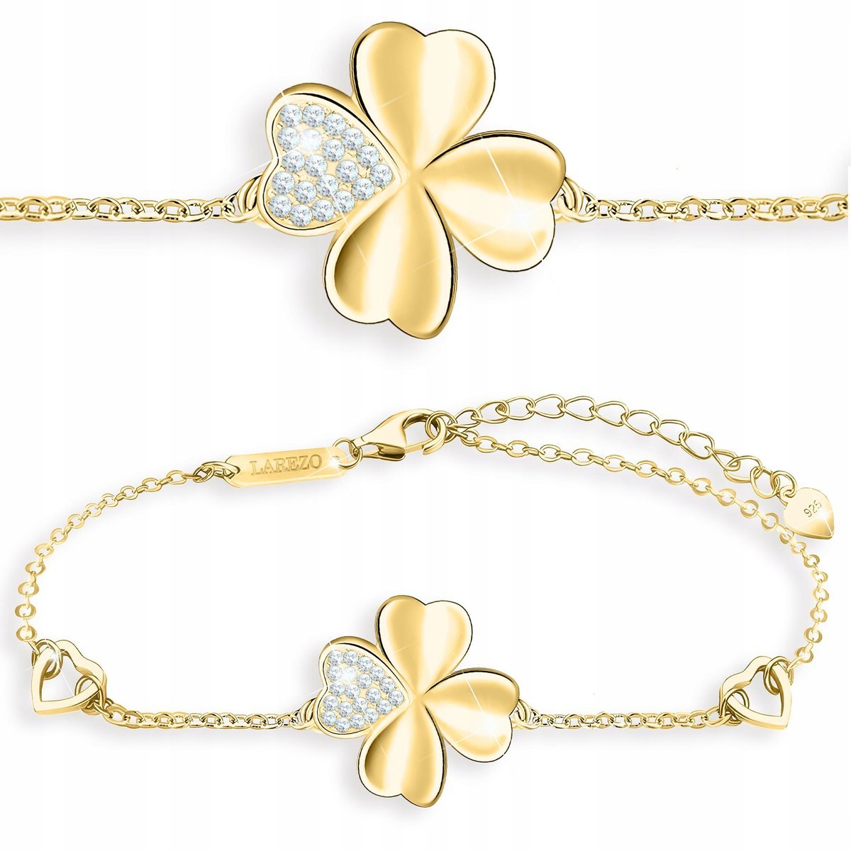 Bransoletka Złota Czterolistna Koniczyna Koniczynka Cyrkonie SREBRO 925