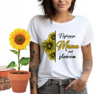 T-shirt Koszulka Damska BIAŁA roz.L NAJLEPSZA MAMA + Słonecznik w Doniczce - Zestawy upominkowe - miniaturka - grafika 1
