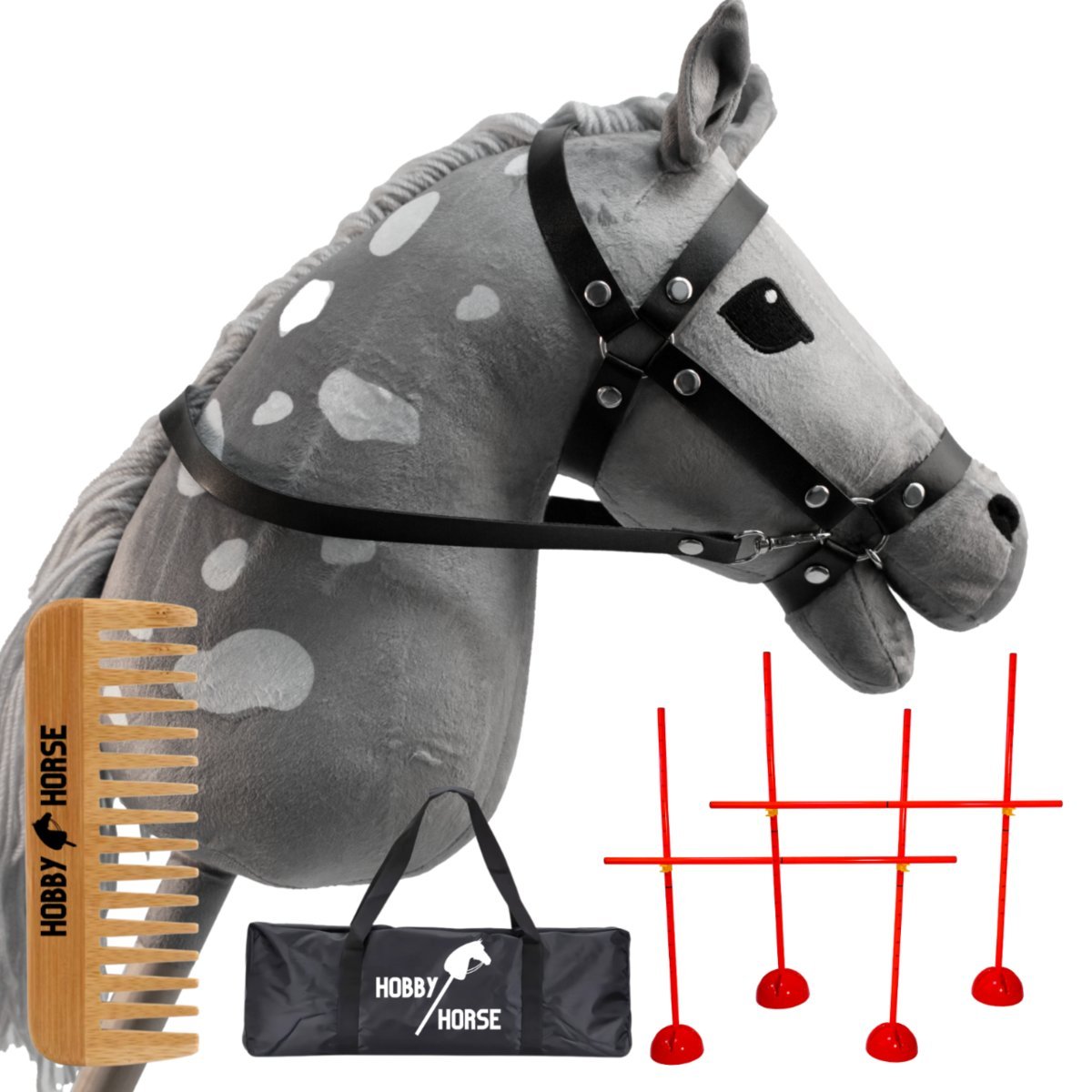 ZESTAW HOBBY HORSE KOŃ NA KIJU A4 + 2X PRZESZKODA DO SKAKANIA 120 CM + GRZEBIEŃ [M-H407-Z2]
