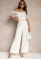 Kombinezony - Biały Koktajlowy Kombinezon z Falbanką przy Dekolcie bez Rękawów Tessita - miniaturka - grafika 1